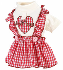 KUTKUT Small Dog Dress for Girls - Red Gingham Checkered Pet Dress with Ruffle Straps, Heart Design & Cute Button Details for Puppy, Maltese, Kittens, Shihtzu etc (Red)