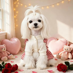 KUTKUT Small Dog Dress for Girls - Red Gingham Checkered Pet Dress with Ruffle Straps, Heart Design & Cute Button Details for Puppy, Maltese, Kittens, Shihtzu etc (Red)