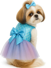 KUTKUT Small Dog Birthday Dress, Mermaid Print Spring Clothes for Small Dogs Girl Puppy Princess Tutu Cute Puppy Kitten Tulle Dresses Pet Party Costume