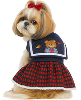 KUTKUT Student Bear Lapel Collar Warm Dress for Small Dogs | Woolen Princess Checkered Skirt for Shish Tzu, Pug, Poodle etc ( Multi)