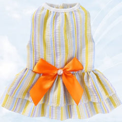 KUTKUT Small Dog Cat Girl Dress Cute Bowknot Tutu Dress Striped Button Open Dog Clothes for Small Dogs Girl Toypom, Yorkshire, Mltese Cat Pet Apparel