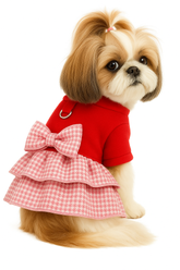 KUTKUT Dog Dress Harness with D Ring Cute Bow Knot with Ruffle Princess Puppy Two Layers Skirt Dress, Spring Winter Warm Pet Cat Dog Clothes for Small Dogs Paillons, Yoriki, Maltese (Red)