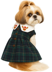 KUTKUT Red Plaid Sailor Collar Button Décor Dress for Small Dogs | Cute Skirt Dress for Puppy, Cats & Dogs for Pomeranian, Paillons, Yoriki, Maltese etc (Green)