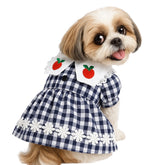 KUTKUT Lace Collar with Red Apple Checkered Print Dress for ShishTzu, Pug, Poodle & Small Dogs and Cats