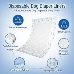 KUTKUT 25Pcs Disposable Dog Diaper Liners Booster Pads - Fit for Most Washable Dog Diapers & Dog Belly Bands Wraps, Ultra Absorbent for Marking, Incontinence, Female in Heat