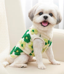 KUTKUT Winter Small Dog Cat Flower Sleeveless Vest Soft Warm Coral Fleece Double Layer Cozy Soft Button Open Sweater Small Doggie Outfit for Maltese, ToyPoodle, Toypom ( Green Floral)