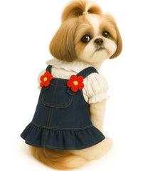 KUTKUT Cute Soft Floral Button Denim Dress for Small Dogs and Cats, Breathable Summer Dress for Yorkie, Maltese and Other Small Dogs