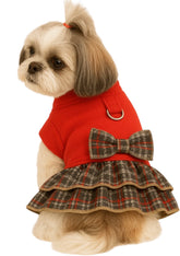 KUTKUT Small Dog Dress Harness with D Ring Cute Bow Knot with Plaid Princess Puppy Dresses Skirt, Spring Winter Warm Cat Dog Clothes for ShihTzu Puppy, Yorkii, Maltese