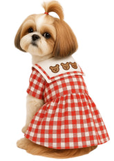 KUTKUT Red Plaid Cute Bear Dress for Small Dogs | Sailor Collar Skirt Dress for Shish Tzu, Maltese etc (Red)