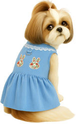 KUTKUT Small Dog Cat Harness Dress with D Ring Rabbit Patch Lace Princess Puppy Dress Skirt Thick Corduroy Holiday Pet Clothes Dresses for Yorkii, Maltese, Bichon