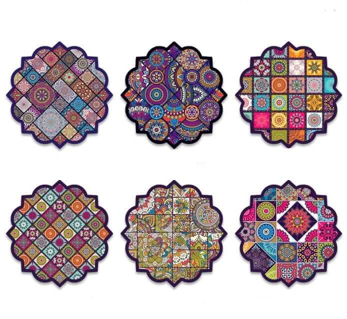 EZYHOME Coaster for Drinks Set of 6, Vintage Ottoman Flower Mexican Mandala Ceramic Stone Mat, with Cork Base and Metal Holder, Gift for Housewarming Room Bar Decor - kutkutstyle