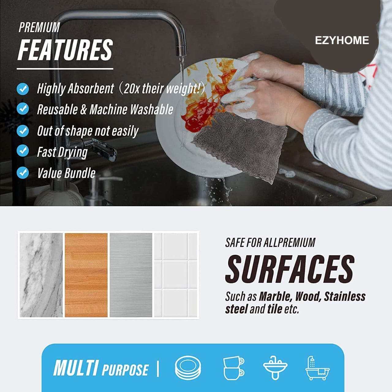 EZYHOME 8 Pack Microfiber Cleaning Cloth - Super Absorbent 10 × 10 Inch Reusable Cleaning Rags,Premium Dish Cloths, Coral Fleece Cleaning Towels, Nonstick Oil Washable Fast Drying - kutkutst