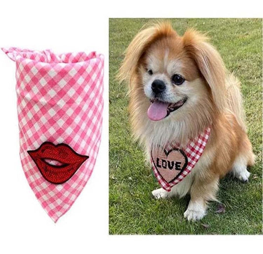 KUTKUT Decorative Valentine Dog Bandana | Sequin Lip Pet Scarf Triangle Bib | Cotton Plaid Scarf with Kiss Pattern | Adjustable Neckerchirf for Valentine Day - kutkutstyle