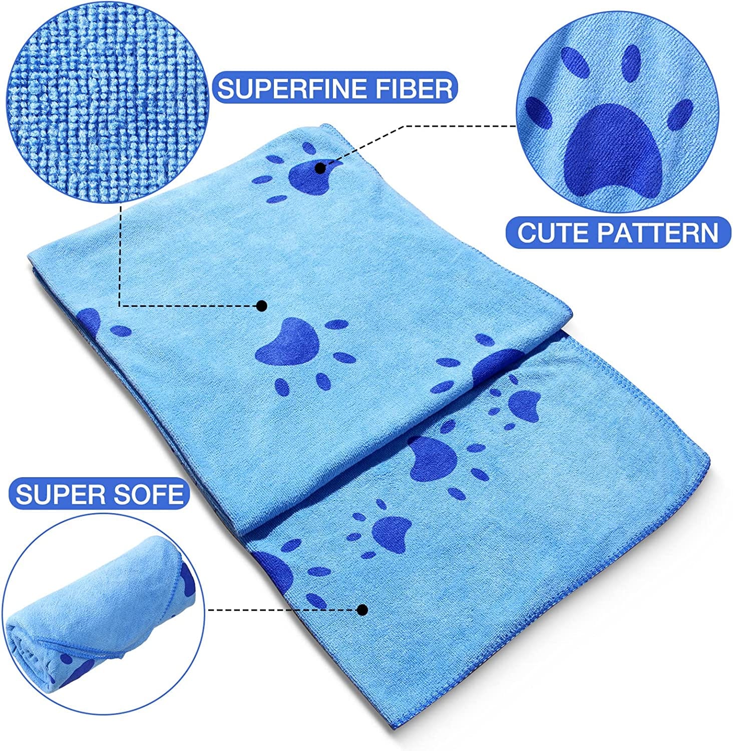 KUTKUT Pack of 3Pcs Microfiber Face Paws Towel for Puppies Kittens Dog & Cats, Super Absorbent Quick-Drying Soft Lint Free ute Paw Pattern Small Bath Towel for Pets (50 * 25cm)-Bath Towel-kutkutstyle