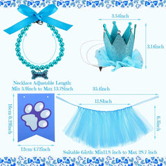 KUTKUT 4 Pieces Cute Dog Birthday Outfit with Pet Tutu Skirt Puppy Pearl Necklace Dog Crown Hat and Happy Birthday Banner for Puppy Dog Pet Cat Girl Birthday Party Supplies (Blue) - kutkutsty