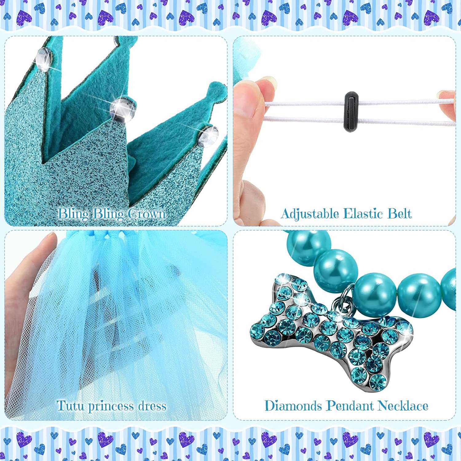 KUTKUT 4 Pieces Cute Dog Birthday Outfit with Pet Tutu Skirt Puppy Pearl Necklace Dog Crown Hat and Happy Birthday Banner for Puppy Dog Pet Cat Girl Birthday Party Supplies (Blue) - kutkutsty