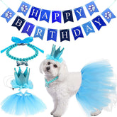KUTKUT 4 Pieces Cute Dog Birthday Outfit with Pet Tutu Skirt Puppy Pearl Necklace Dog Crown Hat and Happy Birthday Banner for Puppy Dog Pet Cat Girl Birthday Party Supplies (Blue) - kutkutsty