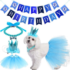 KUTKUT 4 Pieces Cute Dog Birthday Outfit with Pet Tutu Skirt Puppy Pearl Necklace Dog Crown Hat and Happy Birthday Banner for Puppy Dog Pet Cat Girl Birthday Party Supplies (Blue) - kutkutsty