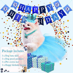KUTKUT 4 Pieces Cute Dog Birthday Outfit with Pet Tutu Skirt Puppy Pearl Necklace Dog Crown Hat and Happy Birthday Banner for Puppy Dog Pet Cat Girl Birthday Party Supplies (Blue) - kutkutsty