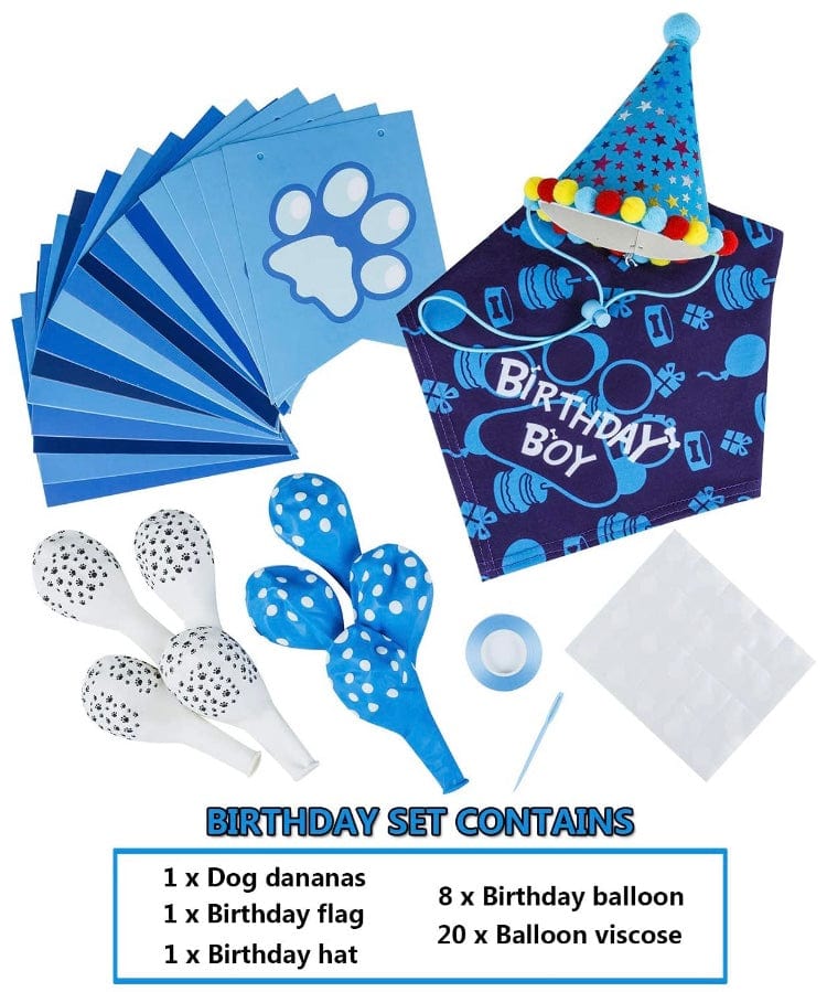 KUTKUT Dog Birthday Bandana Set | Dog Birthday Hat | Dog Birthday Bandana Scarf | Dog Print Happy Birthday Banner and 8 Piece 12 Inch Paw Print Balloons with Tape for Dog - kutkutstyle