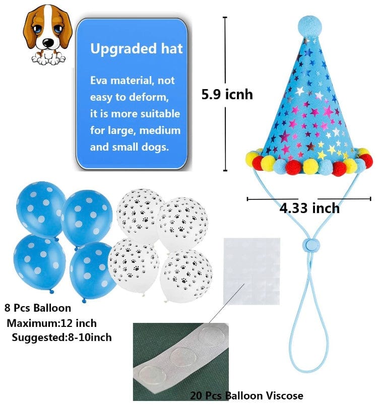 KUTKUT Dog Birthday Bandana Set | Dog Birthday Hat | Dog Birthday Bandana Scarf | Dog Print Happy Birthday Banner and 8 Piece 12 Inch Paw Print Balloons with Tape for Dog - kutkutstyle