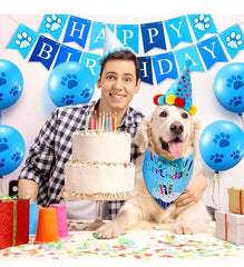 KUTKUT Dog Birthday Bandana Set | Dog Birthday Hat Dog Birthday Bandana Scarf | Shining Dog Bow Tie Collar | Dog Print Happy Birthday Banner and 10 Piece 12 Inch Paw Print Balloon with Tape f