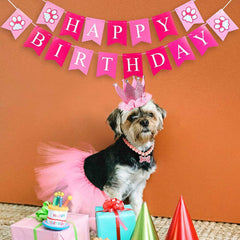 KUTKUT 4 Pieces Cute Dog Birthday Outfit with Pet Tutu Skirt Puppy Pearl Necklace Dog Crown Hat and Happy Birthday Banner for Puppy Dog Pet Cat Girl Birthday Party Supplies (Pink) - kutkutsty