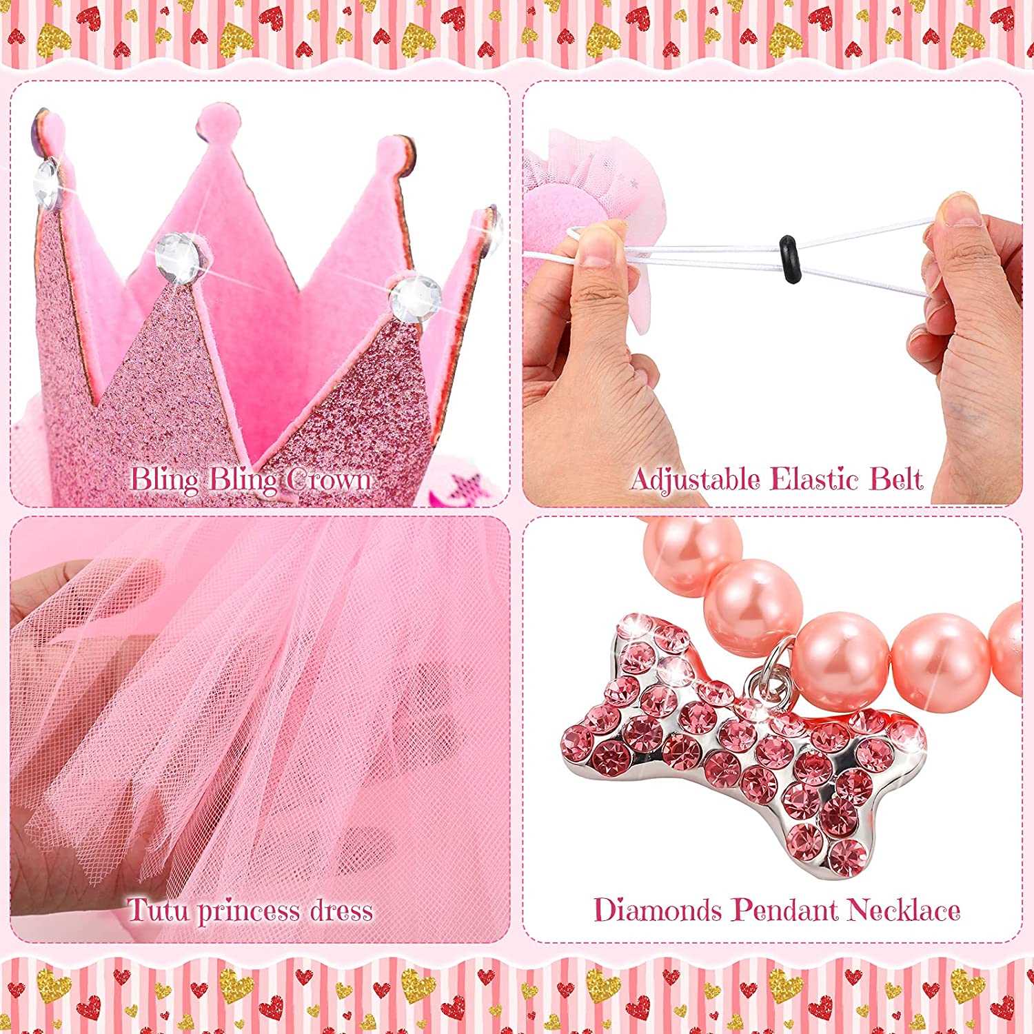 KUTKUT 4 Pieces Cute Dog Birthday Outfit with Pet Tutu Skirt Puppy Pearl Necklace Dog Crown Hat and Happy Birthday Banner for Puppy Dog Pet Cat Girl Birthday Party Supplies (Pink) - kutkutsty