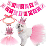 KUTKUT 4 Pieces Cute Dog Birthday Outfit with Pet Tutu Skirt Puppy Pearl Necklace Dog Crown Hat and Happy Birthday Banner for Puppy Dog Pet Cat Girl Birthday Party Supplies (Pink) - kutkutsty