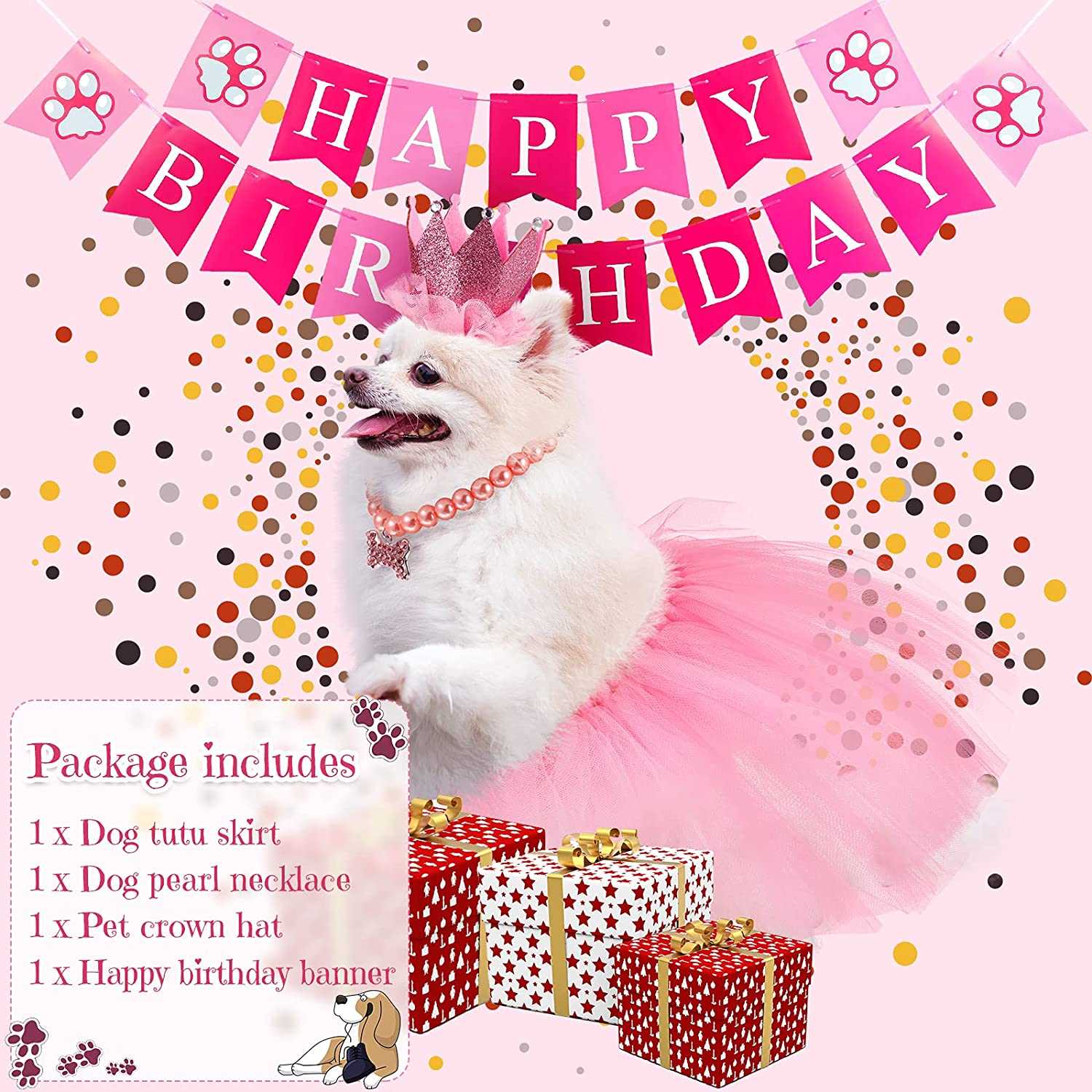 KUTKUT 4 Pieces Cute Dog Birthday Outfit with Pet Tutu Skirt Puppy Pearl Necklace Dog Crown Hat and Happy Birthday Banner for Puppy Dog Pet Cat Girl Birthday Party Supplies (Pink) - kutkutsty