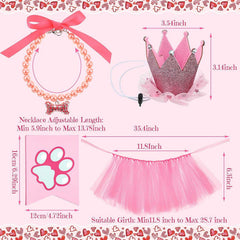 KUTKUT 4 Pieces Cute Dog Birthday Outfit with Pet Tutu Skirt Puppy Pearl Necklace Dog Crown Hat and Happy Birthday Banner for Puppy Dog Pet Cat Girl Birthday Party Supplies (Pink) - kutkutsty