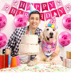 KUTKUT Dog Birthday Bandana Set |Dog Birthday Hat Dog Birthday Bandana Scarf | Shining Dog Bow Tie Collar | Dog Print Happy Birthday Banner and 10 Piece 12Inch Paw Print Balloon with Tape for
