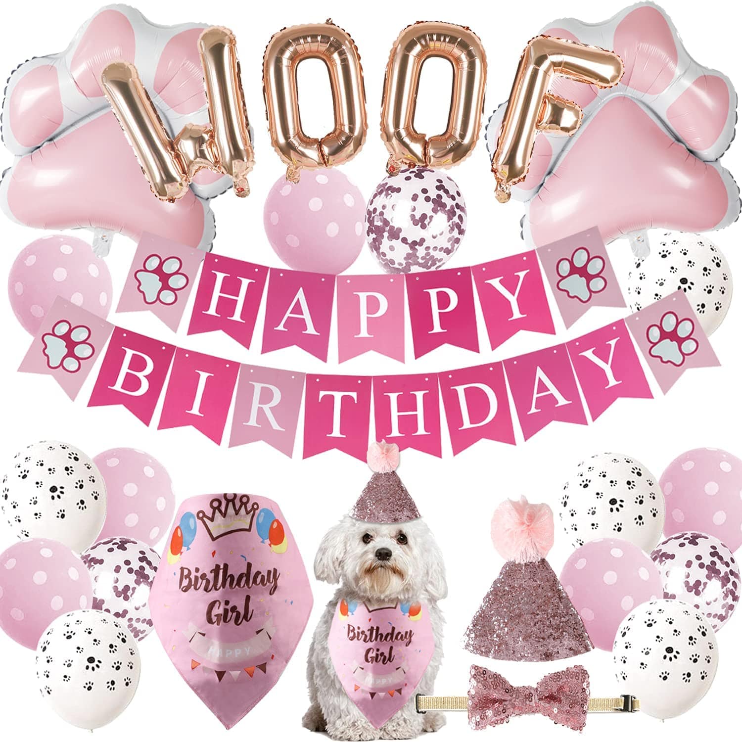 KUTKUT Dog Birthday Party Supplies, Pink Girl Dog Bandana Hat Scarfs Flag Bowtie Birthday Banner Paw Balloons Paw Foil Balloons for Girl Dog Birthday Party Decorations - kutkutstyle