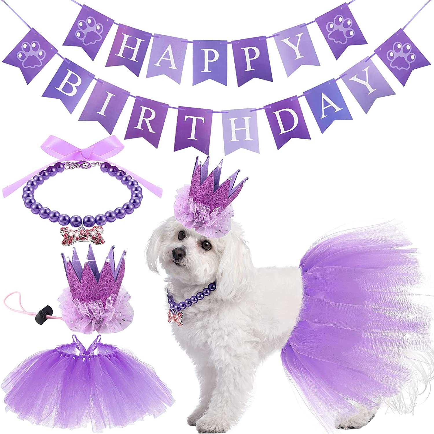 KUTKUT 4 Pieces Cute Dog Birthday Outfit with Pet Tutu Skirt Puppy Pearl Necklace Dog Crown Hat and Happy Birthday Banner (Purple) - kutkutstyle