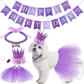 KUTKUT 4 Pieces Cute Dog Birthday Outfit with Pet Tutu Skirt Puppy Pearl Necklace Dog Crown Hat and Happy Birthday Banner (Purple) - kutkutstyle