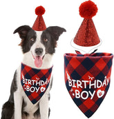 KUTKUT Boy Bandana and Hat Set “Birthday Boy” Print Plaid Dogs Party Supplies Triangle Scarf Bibs for Small Medium Large Pets Red - kutkutstyle