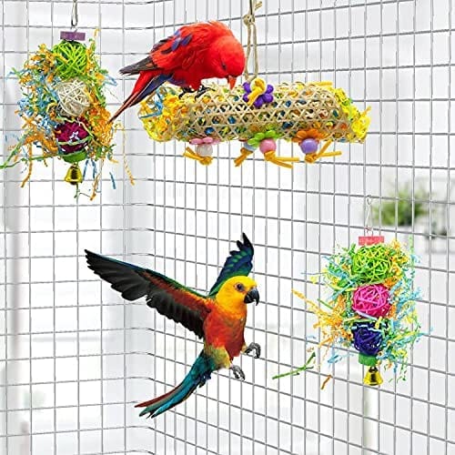 KUTKUT 3Pack Bird Chewing Shredding Toys Foraging Shredder Toy Parrot Cage Shredder Toy Bird Loofah Toys Foraging Hanging Toy for Cockatiel Conure Parrot - kutkutstyle