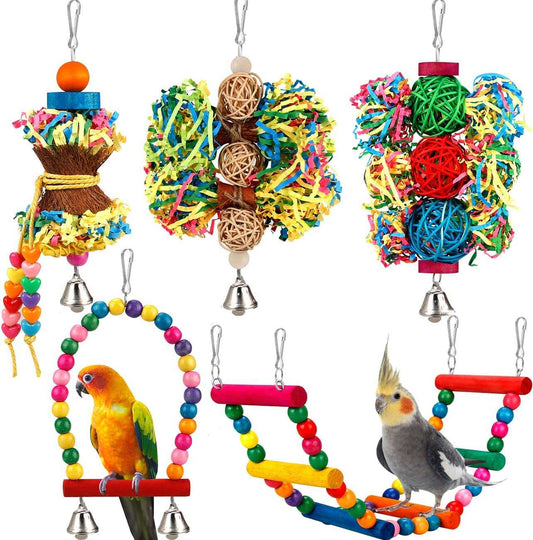 KUTKUT 5 Pcs Bird Parakeet Toys Foraging Shredding Toys Parrot Cage Accessories Hanging Toys Bird Swing Bird Ladder for Parrots Lovebird Cockatiel Conure - kutkutstyle