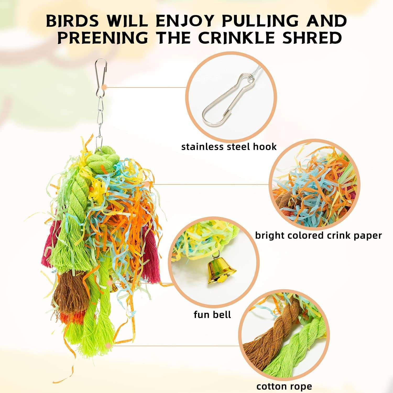 KUTKUT Bird Colorful Chewing Toys Parrot Foraging Shredder Toys Shred Hanging Foraging Toys,Comfy Perch Parrot Toys for Rope Bungee Bird Toy - kutkutstyle
