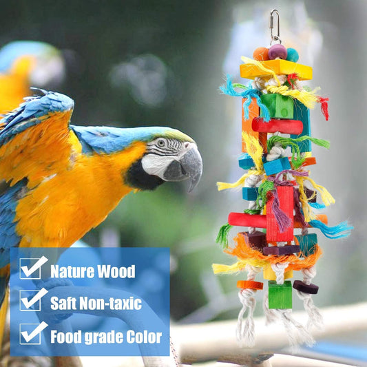 KUTKUT Large Bird Parrot Toys - Multicolored Wooden Blocks Tearing Toys for Birds Suggested for Cockatoos African Grey Macaws, and a Variety of Parrots - kutkutstyle