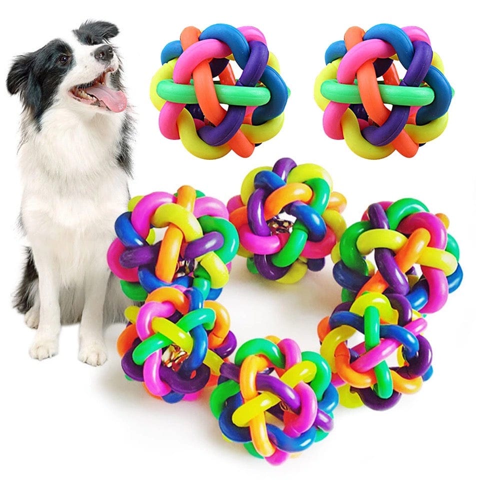 KUTKUT Woven Braided Rainbow Bouncy Rubber Chew Ball with Jingle Bell Inside for Pet Training and Teeth Cleaning Toy Suitable for Dogs Cats (Medium) - kutkutstyle