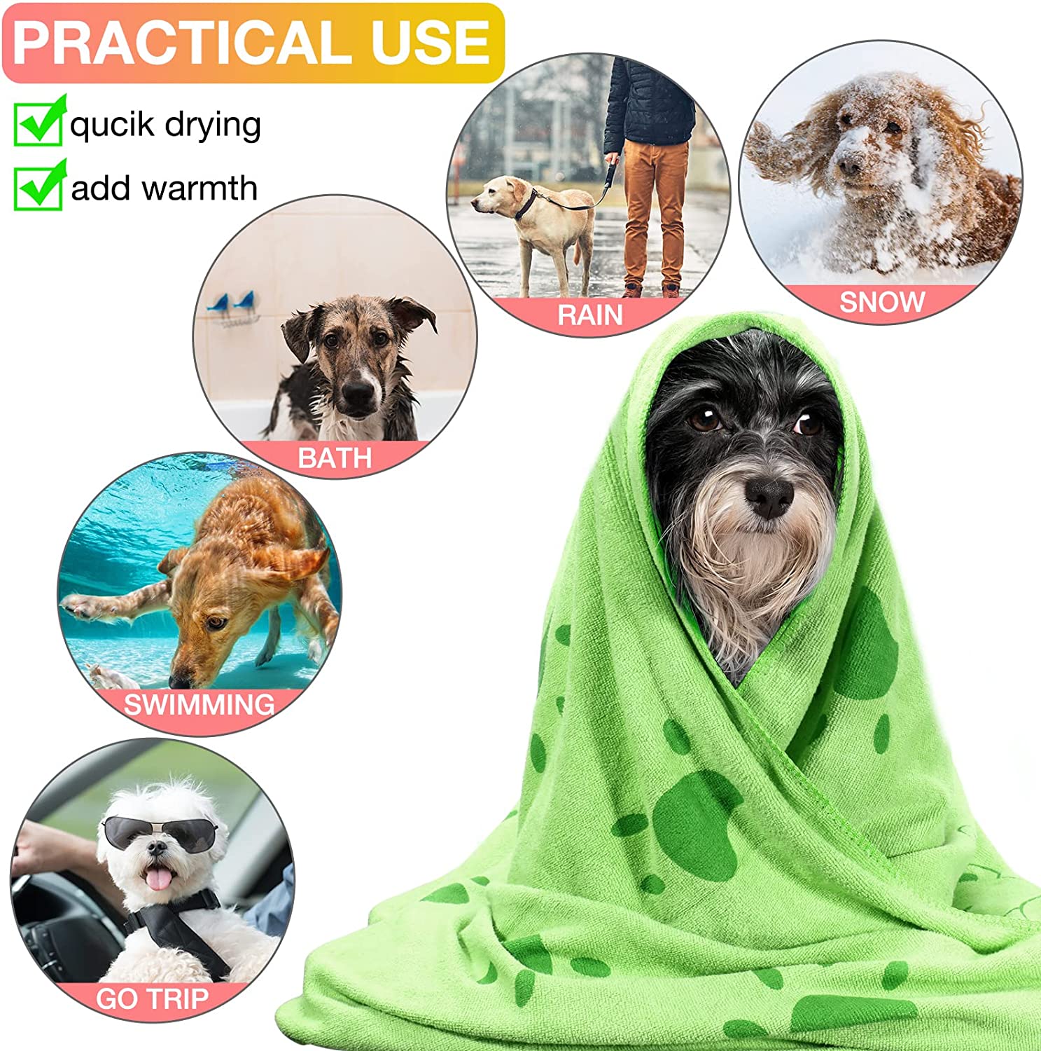 KUTKUT Dog Towel, Looluuloo Microfiber Drying Towels for Dog, Dog Bath Towel, Beach Towel, Absorbent Towel Suitable for Small and Medium Dogs (Green: 140 x 70cm)… - kutkutstyle
