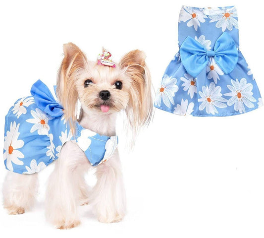 KUTKUT Cute Daisy Pattern Dog Dress with Lovely Bow Pet Apparel Dog Clothes for Small Dogs and Cats | Puppy Summer Dress Birthday Pet Apparel Dress ( Blue ) - kutkutstyle