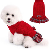 KUTKUT Small Dog Cat Girl Sweater Dress with Plaid Bowtie Pleated Skirt Dog Sweater with Leash Hole Turtleneck Dog Pullover Knitwear Puppy Sweater Winter Dog Clothes - kutkutstyle