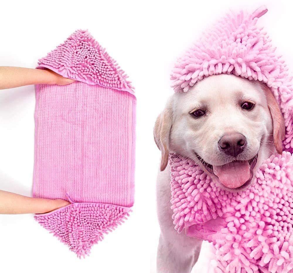 KUTKUT Super Absorbent Quick-Drying Microfiber Texture Soft Fluffy Pet Towel with Hand Pockets | Ultra Absorbent Pet Warm Bath Towels for Small, Medium Dogs and Cats (Pink, Size: 80cm x 30cm)
