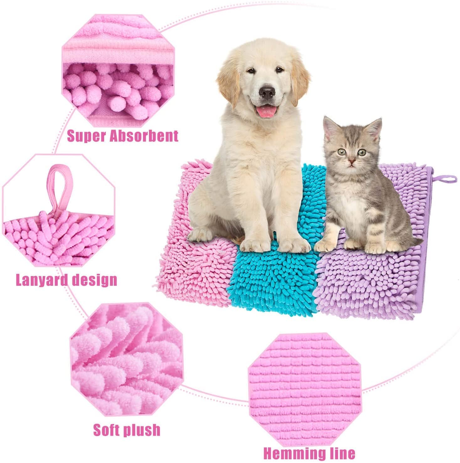KUTKUT Super Absorbent Quick-Drying Microfiber Texture Soft Fluffy Pet Towel with Hand Pockets | Ultra Absorbent Pet Warm Bath Towels for Small, Medium Dogs and Cats (Pink, Size: 80cm x 30cm)