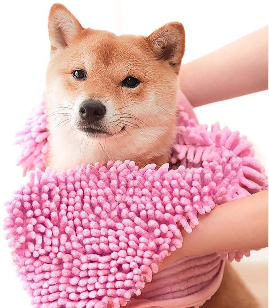 KUTKUT Super Absorbent Quick-Drying Microfiber Texture Soft Fluffy Pet Towel with Hand Pockets | Ultra Absorbent Pet Warm Bath Towels for Small, Medium Dogs and Cats (Pink, Size: 80cm x 30cm)