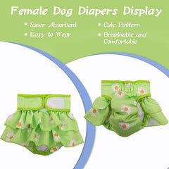 KUTKUT Female Dog Diapers Adjustable Washable Reusable Super Absorbency Leak-Proof Dog Nappie Dresses for Dogs in Heat, Period or Excitable Urination, Sanitary Panties Dress (Green) - kutkuts