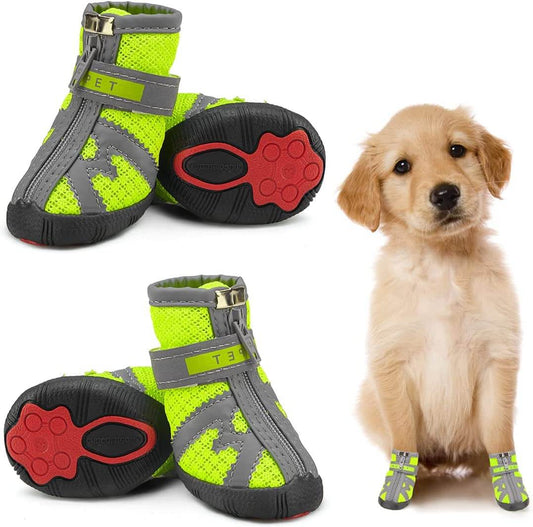 KUTKUT Dog Booties for Hot Pavement Hardwood Floor, Breathable Dog Shoes for Small Medium Dogs with Reflective & Adjustable Strap Zipper, Antiskid Paw Protection Dog Boots Green - kutkutstyle