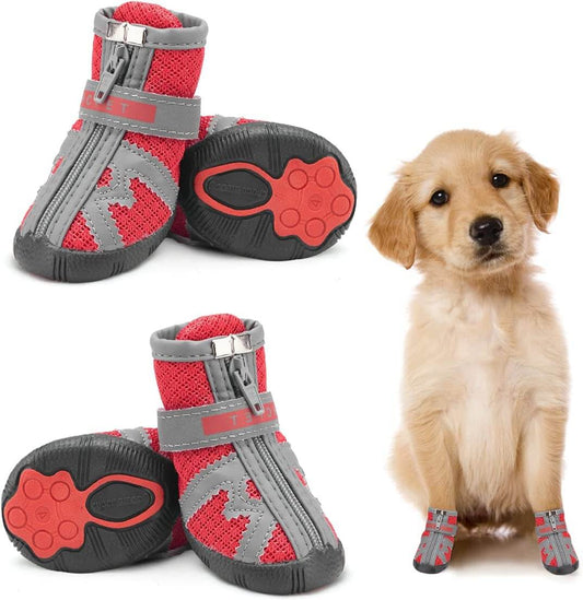 KUTKUT Dog Boots for Hot Pavement Hardwood Floor, Breathable Dog Shoes for Small Medium Dogs with Reflective & Adjustable Strap Zipper, Anti-Slip Paw Protection Dog Booties Red - kutkutstyle